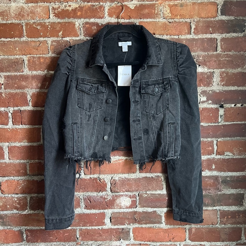 NWT Cropped Distressed Black Denim Jacket | Forever 21